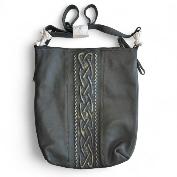 Grey Leather Hobo Bag with Embossed Celtic Braid Design and Metallic Accents - Picture 1 of 8